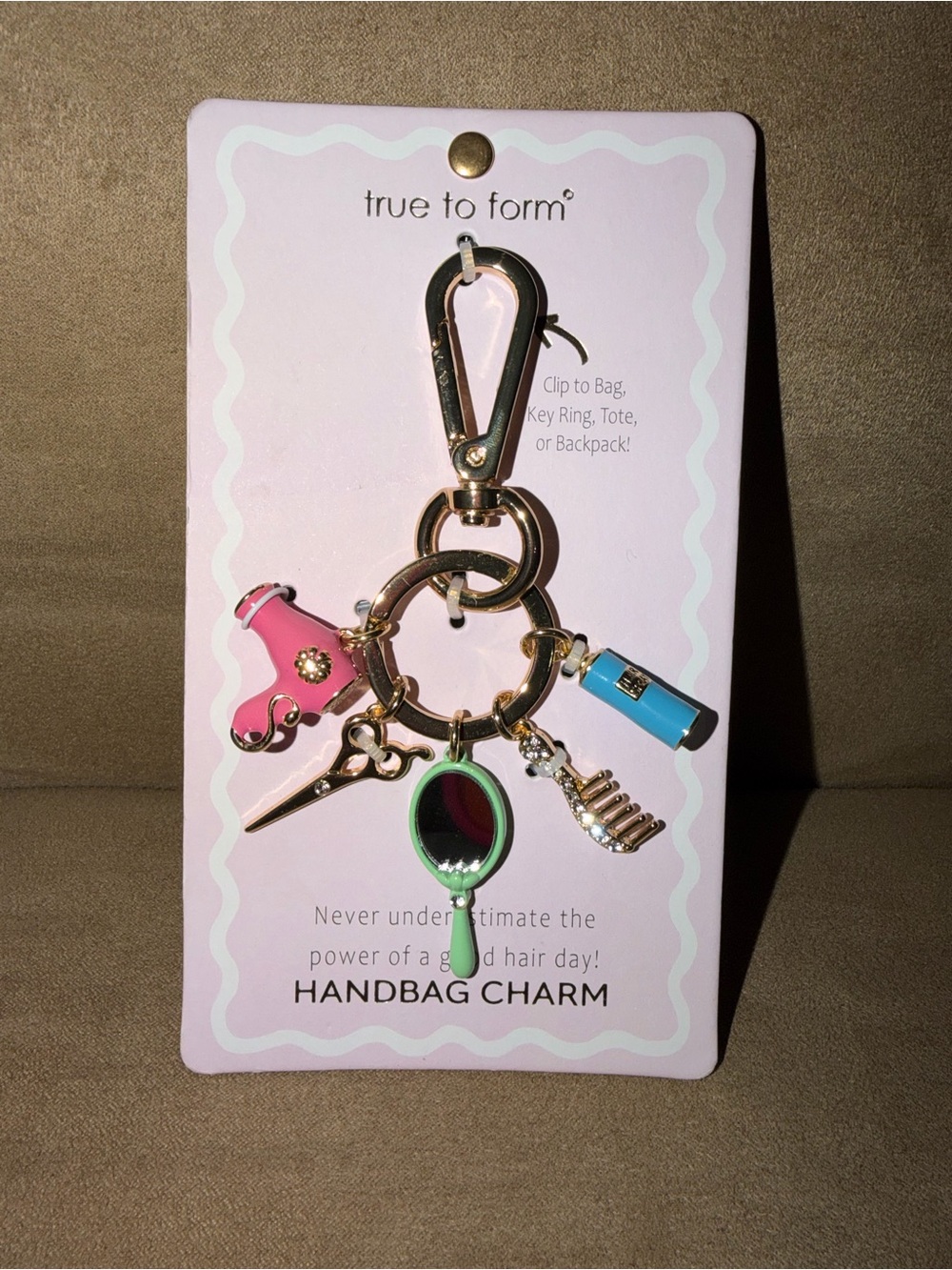 True to Form Pink & Mint Hair Tool Handbag Charm Keychain